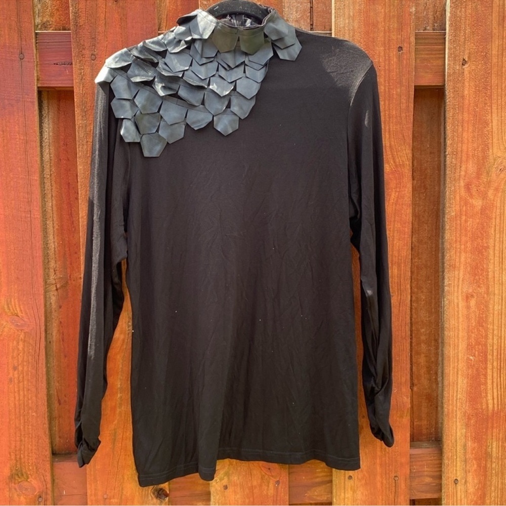 Ashley Stewart Black Faux Leather Scale Petal Mock Neck Top Plus Size 14/16